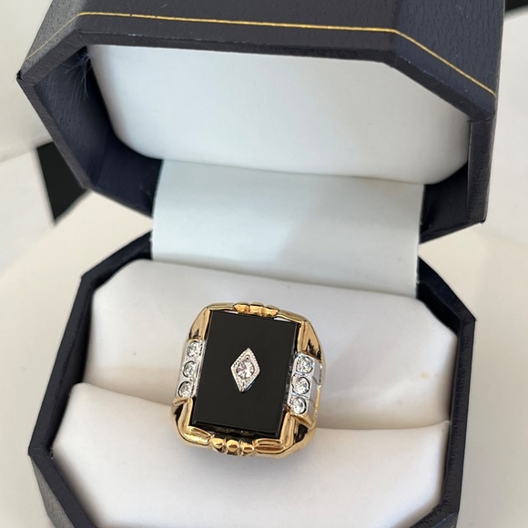 Vintage Ring Genuine Black Onyx 14K Gold Plate Mid Century Cocktail Art Deco - Picture 5 of 6